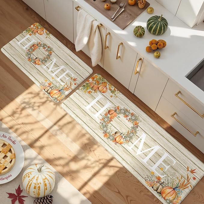 KIMODE Fall Kitchen Mat for Floor Anti Fatigue, Pumpkin Orange Kitchen Mats 2 PCS, Autumn Farmhouse Kitchen Rugs Non Slip, Cushioned Kitchen Floor Mats for Sink, Laundry, Desk 17"x47"+17"x29"