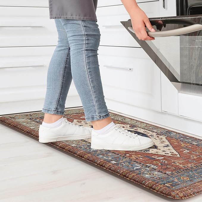 KIMODE Anti Fatigue Kitchen Mats for Floor,17.3" x 29" Vintage Red Cushioned Kitchen Rugs,Non-Slip Waterproof Kitchen Sink Standing Mat Wipe Clean for Kitchen Floor