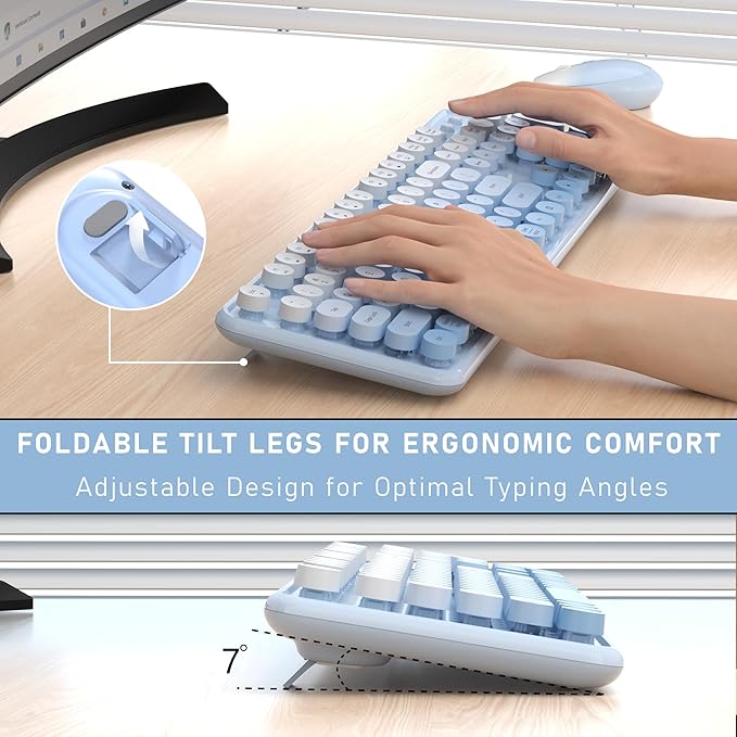 Wireless Keyboard and Mouse, Full-Size Retro Typewriter Keyboard with Round Keycaps, 2.4GHz for Windows, Mac, Laptop, PC, Desktop (Blue Gradient)