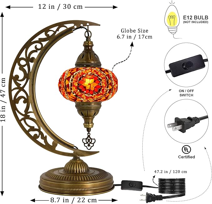 mozaist Turkish Mosaic Crescent Shape Table Lamp, Moroccan Moon Boho Handmade Desk Light, Farmhouse Rustic Living Room Decorative Lighting, Bedside Nightstand with E12 Socket & US Plug (Orange & Red)