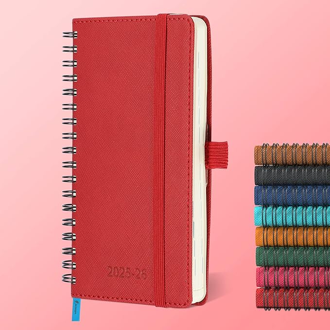 Planner 2025-2026 Daily Weekly and Monthly,6.5"x3.75",18 Months Spiral Bound Calendar Agenda with Self-adhesive Pen Holder,2026 Academic Plan with Vegan Leather Soft Cover,Red
