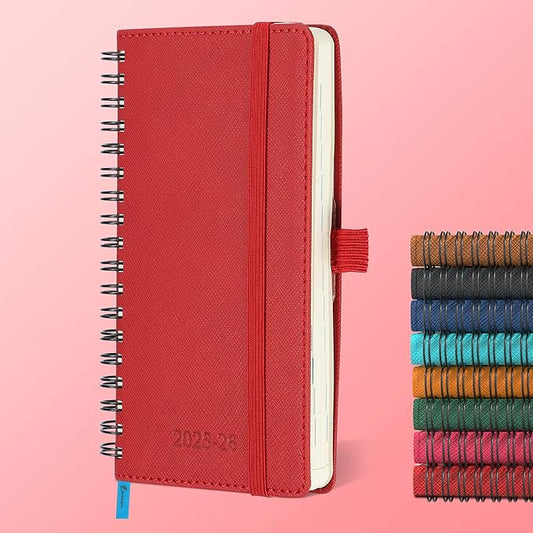 Planner 2025-2026 Daily Weekly and Monthly,6.5"x3.75",18 Months Spiral Bound Calendar Agenda with Self-adhesive Pen Holder,2026 Academic Plan with Vegan Leather Soft Cover,Red
