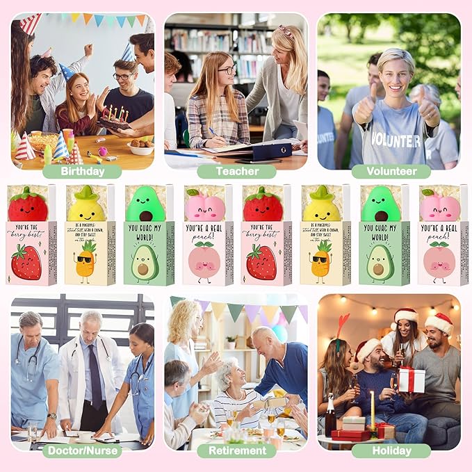 Wettarn 24 Sets Appreciation Fruit Gifts Cute Stress Balls with Support Gift Boxes Inspirational Party Favors for Employee Coworker Friends Office Positive Relief Toys