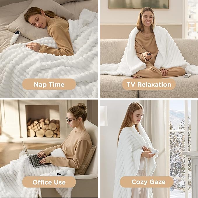 Bedsure Electric Blanket Full Size - Thick Striped Flannel Heated Blanket with 6 Heat Settings, 10 Time Settings, 8-Hour Timer Auto Shut Off, Gift for Grandma (72x84 inches, White)