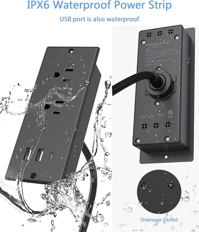 Conference Recessed Power Strip Waterproof, with PD 20W USB C Fast Charging Port,2 Outlets,Furniture Recessed Power Outlet,Desk Power Strip Surge Protector,Drawer Outlet,Flat Plug,6ft Cable (Black)
