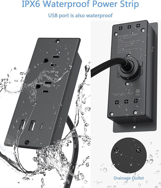 Conference Recessed Power Strip Waterproof, with PD 20W USB C Fast Charging Port,2 Outlets,Furniture Recessed Power Outlet,Desk Power Strip Surge Protector,Drawer Outlet,Flat Plug,6ft Cable (Black)