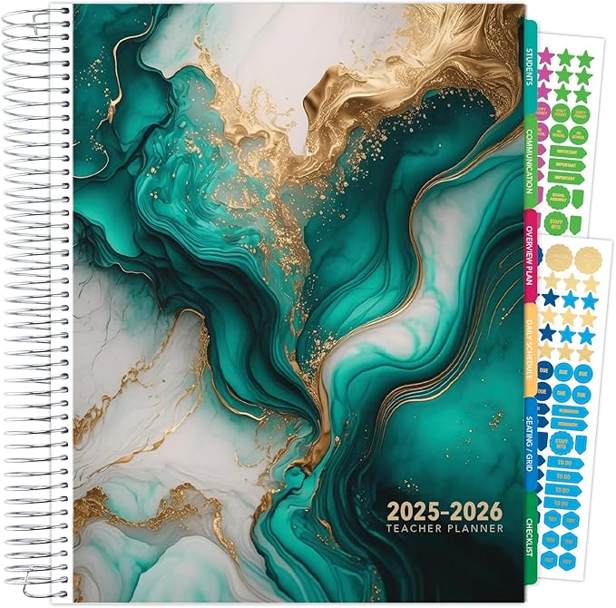 Aug 2025-Jul 2026 Deluxe Teacher Planner Notebook 8.5x11 Daily Weekly Monthly Organizers with 7 Periods, Pocket Folder, Dated Calendar, Page Tabs, Bookmark and Planning Stickers (Teal Gold Marble)