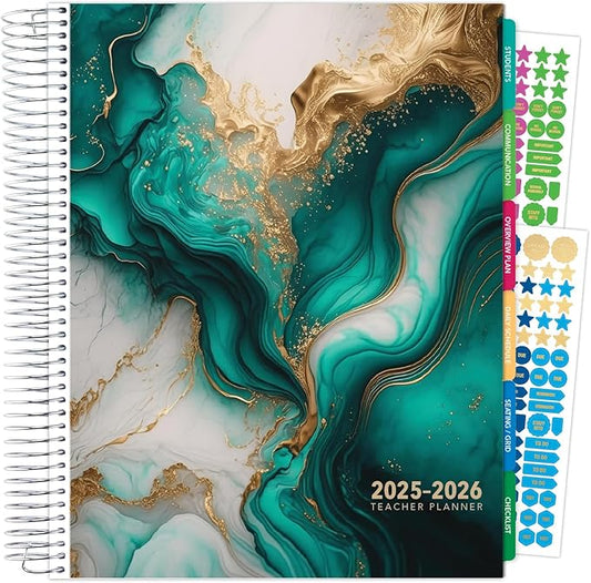 Aug 2025-Jul 2026 Deluxe Teacher Planner Notebook 8.5x11 Daily Weekly Monthly Organizers with 7 Periods, Pocket Folder, Dated Calendar, Page Tabs, Bookmark and Planning Stickers (Teal Gold Marble)