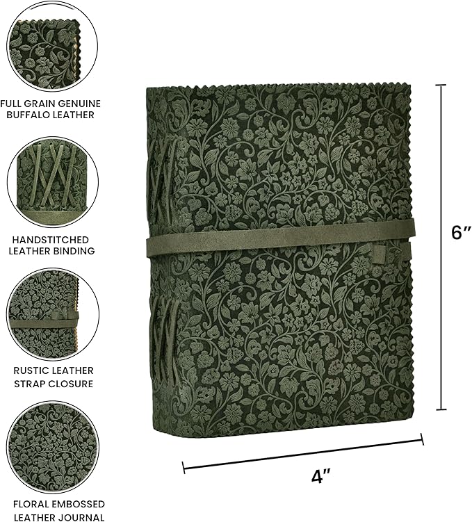 LEATHER VILLAGE Leather Bound Floral Embossed Journal for Women Men - 200 Pages, 6”X4”(A6), Aqua - Book of Shadows, Vintage Blank Paper Travel Diary, Notebook for Writing, Drawing, Sketchbook