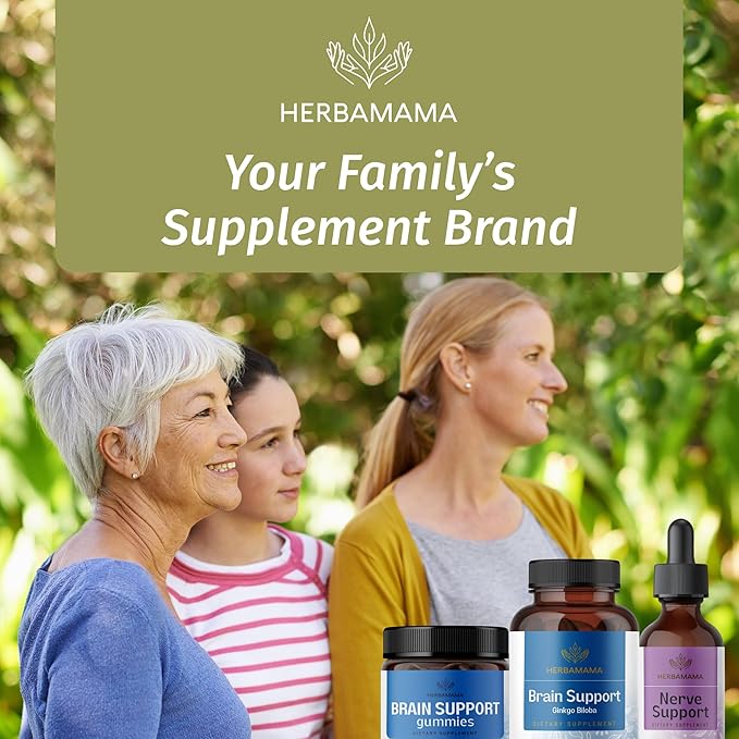 HERBAMAMA Brain Support Capsules - 1400mg Brain Support Supplement for Adults with Bacopa, Panax Ginseng and Ginkgo Biloba - Vegan, Non-GMO Focus Supplement, 100 Caps