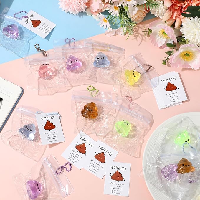 Wettarn 24 Sets Poop Gifts Inspirational Stress Balls with Support Card Positive Stress Relief Prank Colorful Poop Ball Appreciation Gifts for Teacher Employee Coworkers