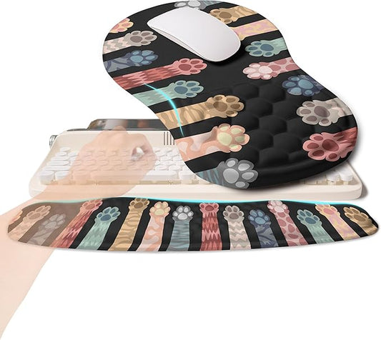2-in-1 Ergonomic Set, Wave Rise Keyboard Wrist Rest and Massage Bulge Slope Mouse Pad Wrist Support, Cushion Memory Foam Integrated to Relieve Wrist Pain, Multicolour Cat Claws