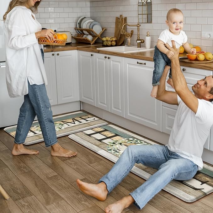 KIMODE Kitchen Mats 2PCS,Cushioned Anti Fatigue Farmhouse Kitchen Rugs and Mats,Non Skid Waterproof Kitchen Mats for Floor,Comfort Foam Standing Desk Mat for Home,Office,Sink,Laundry