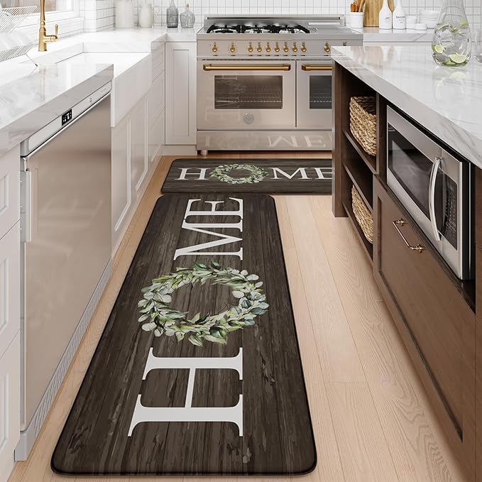 KIMODE Anti Fatigue Kitchen Mats for Floor 2 Piece, Farmhouse Kitchen Rugs Non Slip, Cushioned Kitchen Floor Mats, Memory Foam Kitchen Mat for Sink, Laundry, Office, Desk Brown 20"x47"+20"x32"