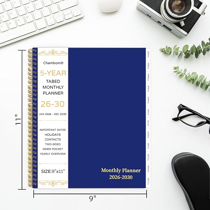 2026-2030 Monthly Planner, 5 Year Monthly Planner/Calendar 2026-2030, 60-Month Jan 2026 – Dec 2030, 9" x 11", Tabs, Double-Side Pocket, Holidays, Thick Paper - Blue