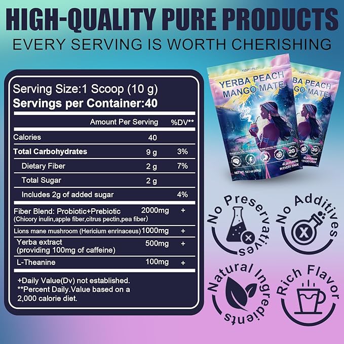 40 Servings (400g) Yerba Mate Instant Tea Powder, 3-in-1 Peach Mango Flavored Low Sugar Super Drink to Support Energy & Focus with Prebiotics and Probiotics