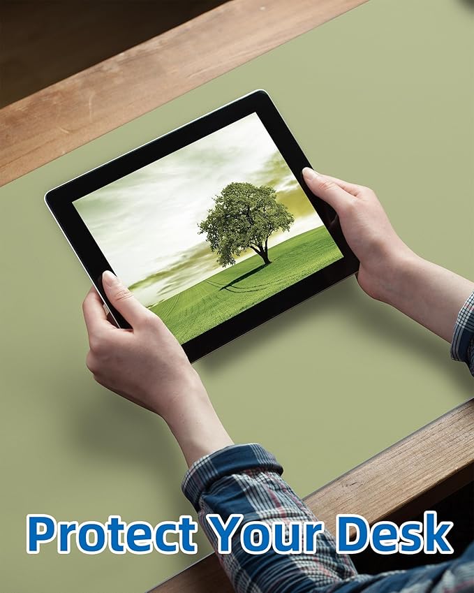 AFIING Leather Desk Pad Protector,Mouse Pad,Office Desk Mat, Non-Slip PU Leather Desk Blotter,Large Desk mat,Waterproof Keyboard mat for Office/Home/Decor (Olive Green,55"" x 17"")