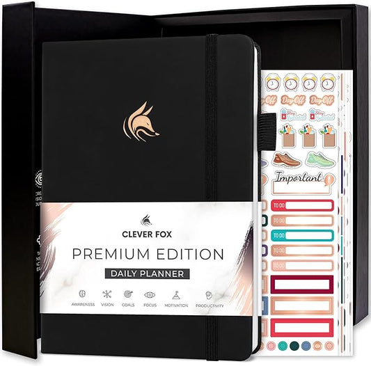 Clever Fox Planner Daily Premium – Undated Daily Planner with Hourly Schedule, Personal Organizer, Productivity Journal, 6 Months (Black)