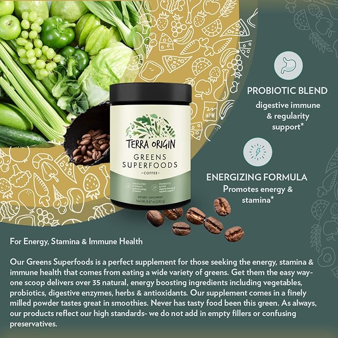 TERRA ORIGIN Superfoods Greens Blend Immune and Digestive Support | Organic Vegetable Supplement with Tumeric, Milk Thistle, Green Tea, Chlorella | Non-GMO, Gluten-Free, Vegan | Coffee | 30 Servings