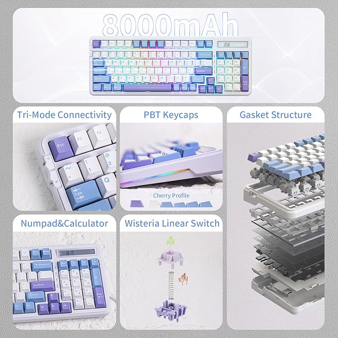 EPOMAKER Cypher 96 Wireless Gaming Keyboard with 8000mAh Battery, Hot Swappable Creamy Keyboard with Numpad and Calculator, RGB Backlit, NKRO for Games/Office (Wisteria Linear Switch)