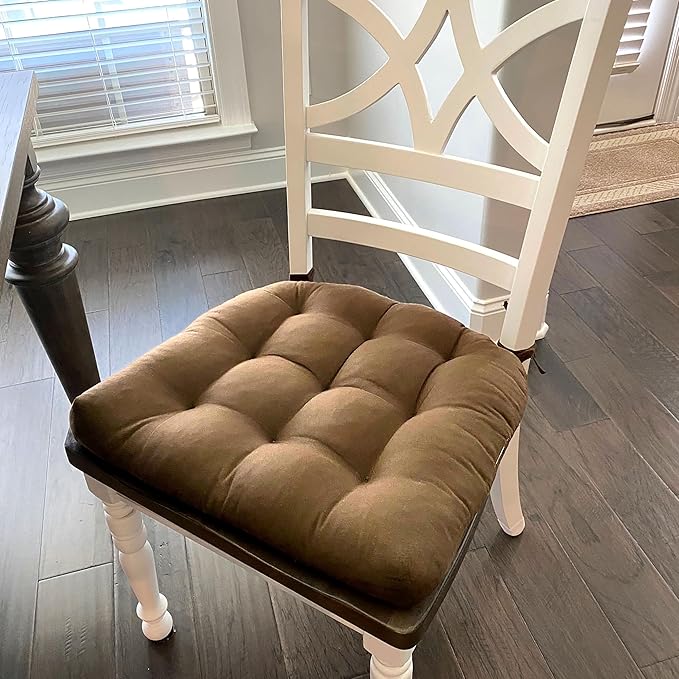 Barnett Home Decor Dining Chair Cushions with Ties – Size Medium 16.5 x 18 - Latex Foam Fill, 100% Cotton, Machine Washable Chair Pads for Kitchen Chairs, Made in USA (Cotton Duck Brown/Pack of 2)