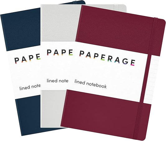 PAPERAGE Lined Journal Notebook, 3 Pack, (Burgundy, Light Grey, Navy), 160 Pages, Medium 5.6 in x 8 in - 100 GSM Thick Paper – Hardcover Journaling Notebook for Work, School & Note Taking