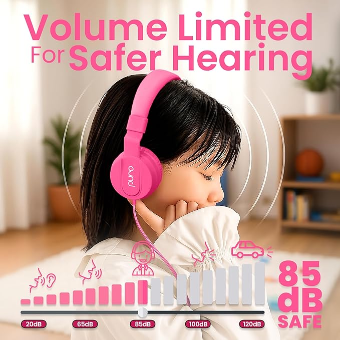 Puro Sound Labs PuroBasic Kid Headphones with Cord - Volume-Limiting & Adjustable with Microphone – Compatible with Smartphones, Tablets, PCs, and More – Safe, Durable Headphones for Kids – Pink