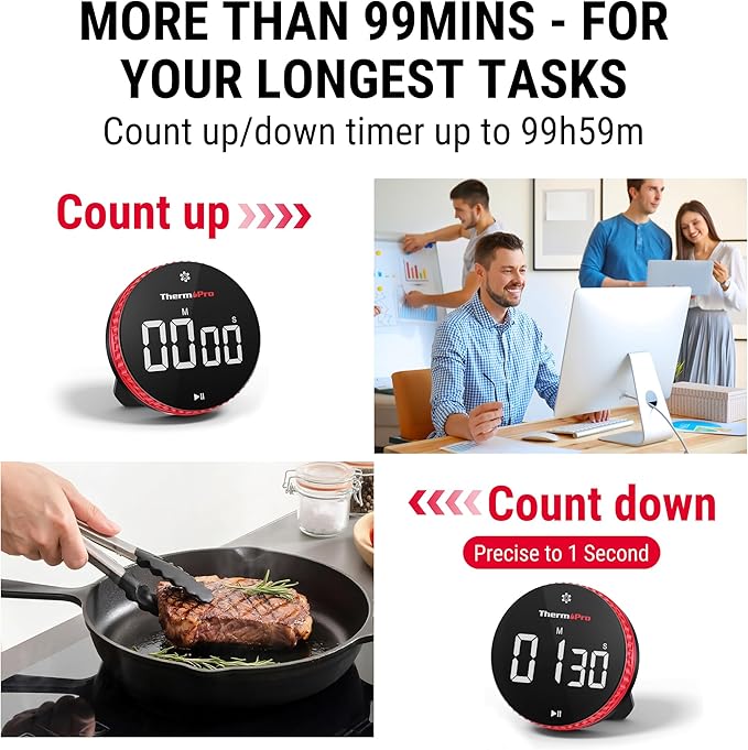ThermoPro 99-Hour Digital Kitchen Timer with Strong Magnetic & Stable Stand, Classroom Timers with 3-Volume-Level, Stopwatch/Timer with Large LED Display, Digital Timers for Classroom, Office & Gym