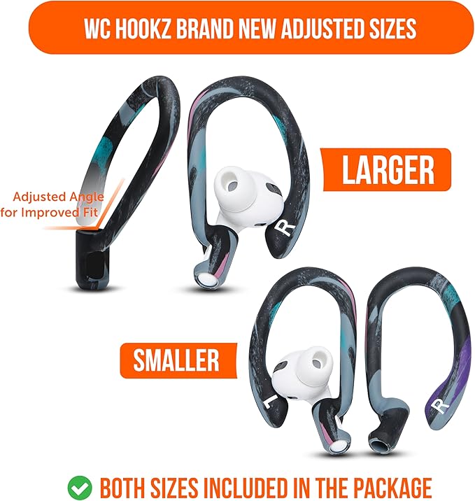 WC HookZ - Patented Upgraded Over Ear Hooks for AirPods Pro 1, 2 & AirPods 1, 2 & 3- Two Size Pairs Included in Package, Unique Left & Right Hook, Made by Wicked Cushions | 90's Black
