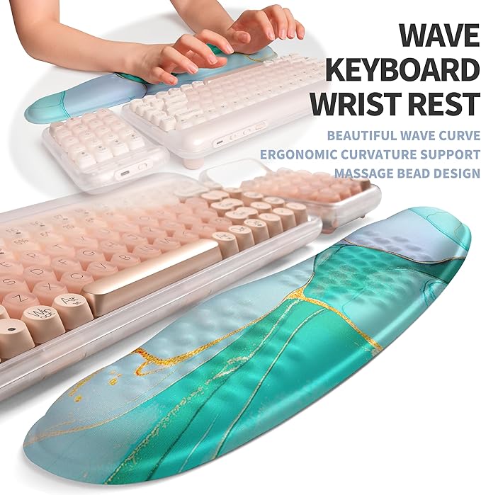2-in-1 Ergonomic Set, Wave Keyboard Wrist Rest and Massage Slope Mouse Pad Wrist Support, Rebound Memory Foam for Relieve Carpal Tunnel Syndrome and Wrist Pain (Green Gold Marble)
