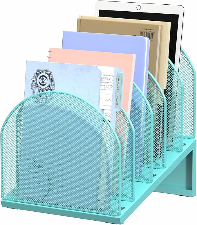 5-Section Desk File Organizer, Metal Mesh Folder Organizer for Documents, Mail & Office Papers (Blue)