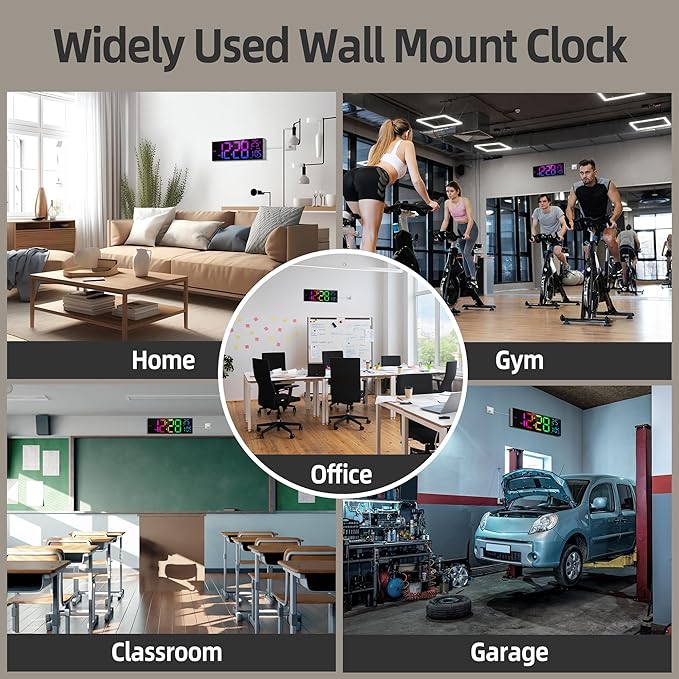 8 Colors Digital Wall Clock, 16.2" Large Digital Clock with Temperature, Date, Auto DST, Night Light, Auto Brightness Dimmer, 24/12-hour Wall Clock for Living Room Office Classroom Gym