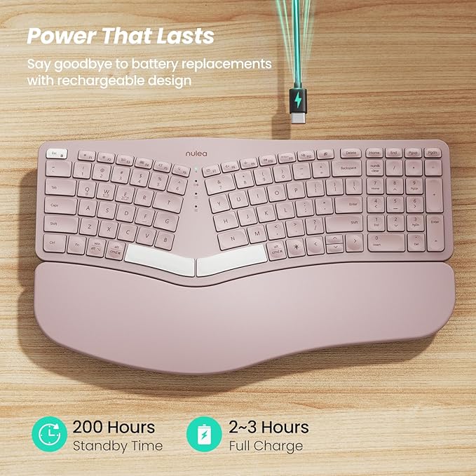 Nulea RT05 Wireless Ergonomic Keyboard, Split Keyboard with Wrist Rest, USB-C Charging, 7-Color Backlight, Natural Typing, Bluetooth and USB Connectivity, Compatible with Windows,Mac(Pink)
