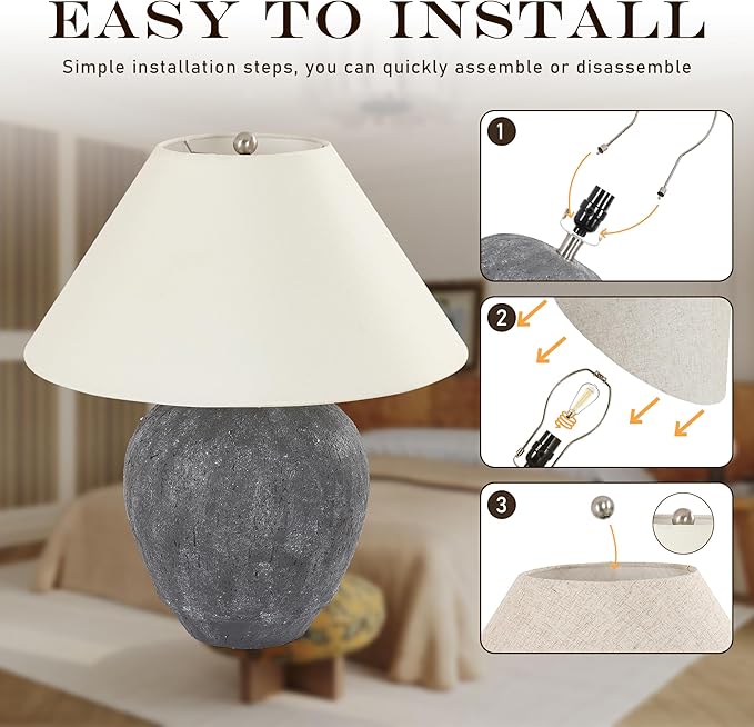 Pia Ricco 21'' Large Gray Base Ceramic Basin Table Lamp for Bedroom, Living Room, Dining Room, Office, White Shade