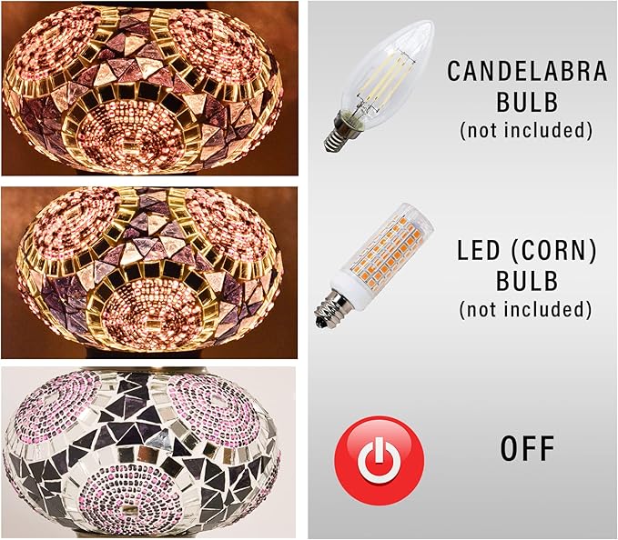 mozaist Tiffany Style Mosaic Table Lamp, Turkish Moroccan Authentic Desk Light for Rustic Living Room Decor, Handmade Vintage Antique Mosaic Decorative Light with E12 Socket & US Plug (Purple)