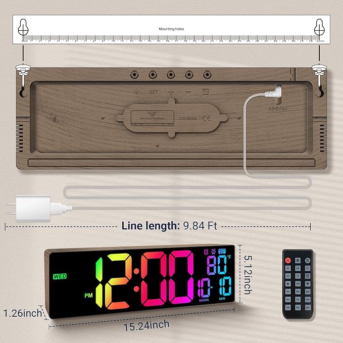 16.5" Large Digital Wall Clock: 11 RGB Colors Wall Mount Decor Clock for Living Room Bedroom Office Classroom, House Warming Gifts New Home Decor, Birthday Gifts for Men Women Brown