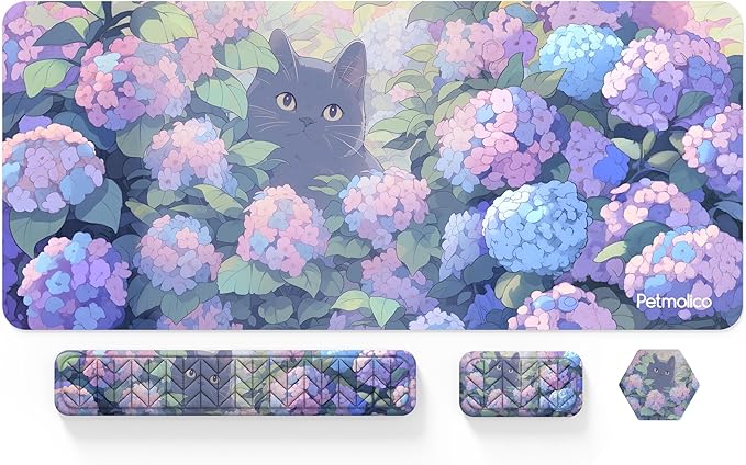 Petmolico Wrist Rest Set with Computer Keyboard Desk Pad,Mouse Wrist Rest,Keyboard Typing Wrist Pad and Cup Coasters,Ergonomic Design for Typing Pain Relief[Blue Flower&Cat]