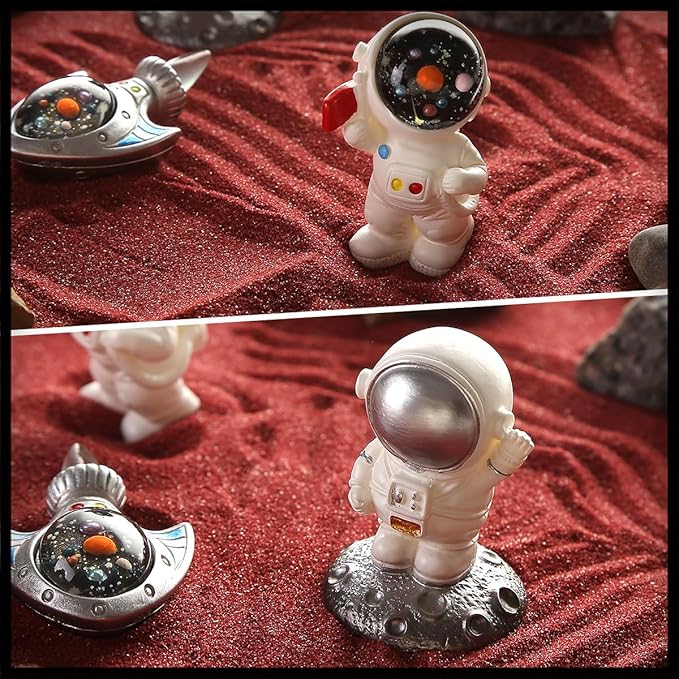 Desktop Zen Garden Kit -Mars Space Exploration Themed Zen Decor Sand,Astronaut Statue Figurines,Irregular Red Raw Sandstone Sand Tabletop Decoration,Zen Office Desktop Decoration Gift (Red)