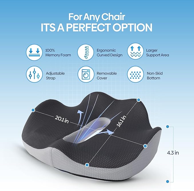 Orthopedic Gel Memory Foam Seat Cushion – Ergonomic Design for Tailbone & Sciatica Pain Relief, Coccyx, and Pressure Relief for Office Chair, Car, and Wheelchair (Black/Deep Gray, X Large)