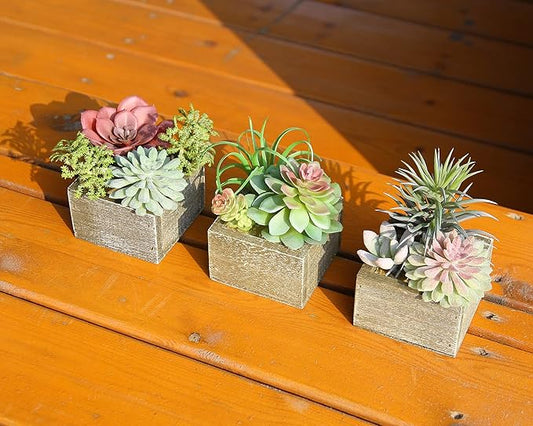 Mingfuxin Succulent Plants Artificial, Small Fake Plants in Pots, Mini Artificial Plants Indoor with Wood Potted for Bathroom Home Office Living Room Table Desk Shelf Decor, Set of 3