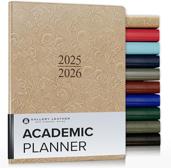 Gallery Leather Academic Planner 2025-2026, Teacher and Student Weekly Monthly Planner, Elegantly Bound Calendar with Gold-Gilded Page Edges, 18 Months - Floral Latte - 9x7"
