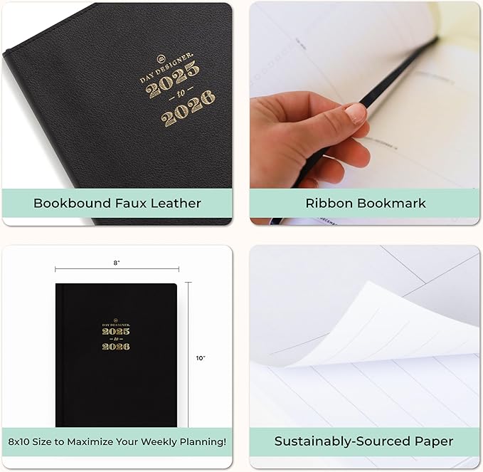 Blue Sky Day Designer 2025-2026 Academic Year Weekly and Monthly Planner Calendar, July 2025 - June 2026, 12-Month, 8" x 10", Faux Leather Cover, Bookbound, Black