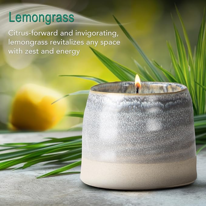 The Growing Candle, Lemongrass Scented, 10oz Ceramic Pot, Single Wick Aromatherapy Candles, 100% Soy for Women and Men, Greta