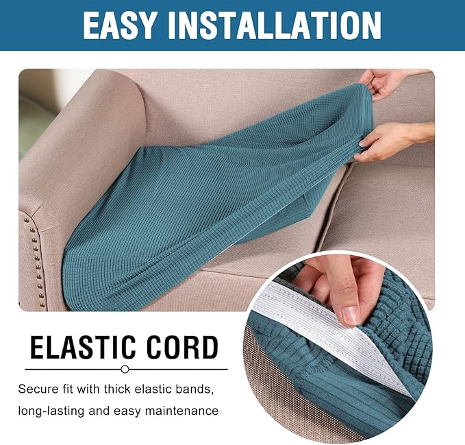 H.VERSAILTEX Super Stretch Individual Seat Cushion Covers Sofa Covers Couch Cushion Covers Slipcover Sets Thick Jacquard Textured Twill Fabric (2 Piece Medium Sofa Cushion Covers, Storm Blue)
