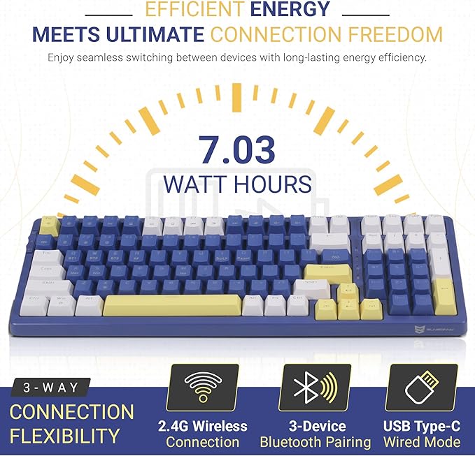 Qisan Wireless/Wired Mechanical Keyboard, Triple Mode 2.4G/USB-C/BT Wireless Gaming Keyboard, 100 Keys (98%) US Layout Brown Switch Rechargeable Ice Blue Backlit Keyboards | Blue & Yellow & White