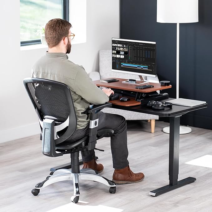 VIVO 28 inch Desk Converter, K Series, Height Adjustable Sit to Stand Riser, Dual Monitor and Laptop Workstation with Keyboard Tray, Dark Walnut Top, Black Frame, DESK-V028KA