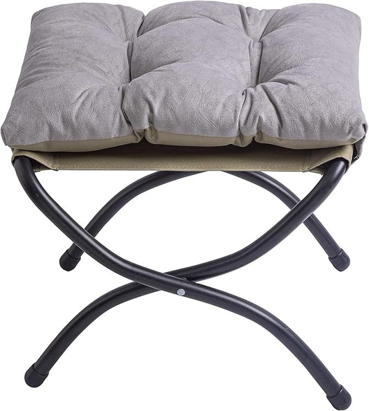 15" Foldable Foot Stool Ottoman with Metal Frame - Washable Light Grey Upholstered Indoor/Outdoor Footrest for Living Room, Bedroom, Patio - Space-Saving Compact Design