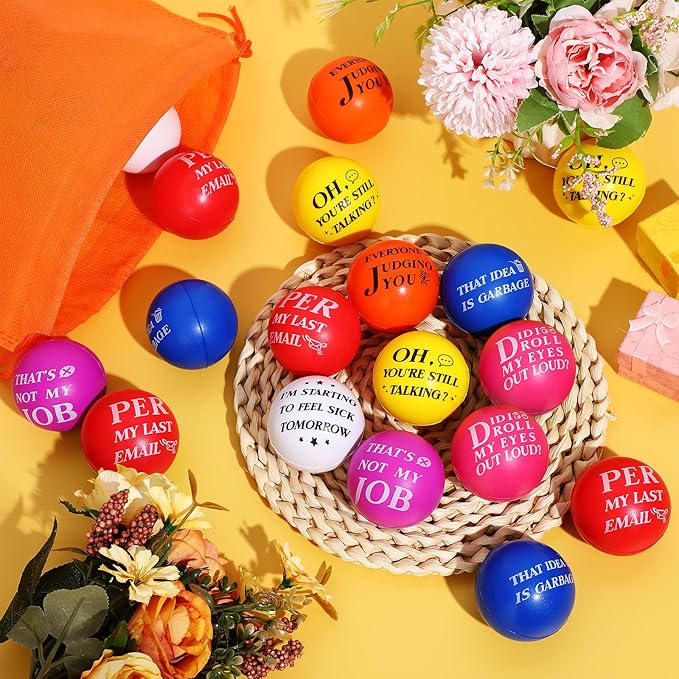 Syhood 48 pcs Funny Sarcastic Stress Balls 1.97 Inch Snarky Quotes Foam Ball Motivational Stress Balls Employees Gift Favor with Drawstring Bag for Adults Coworkers Employees Team