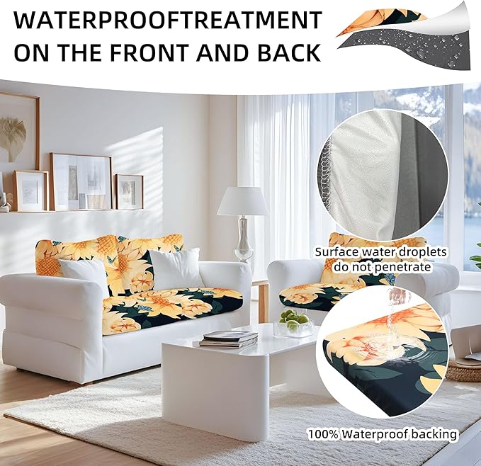 8Pcs Stretch Patio Cushion Covers Waterproof Outdoor Cushion Covers Patio Couch Cover Slipcovers, for Outdoor Furniture Protector Covers Replacement(Cover Only) (Sunflower)