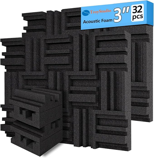TroyStudio Thickened 12 X 12 X 3 Inch Acoustic Foam Panels in Diffusion Pattern, 32 Pcs High Density Sound Absorbing Foam Diffuser, Soundproof 3D Wall Padding Tiles for Recording Studio Home Office